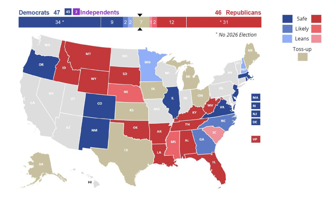 Map of 2026 Senate race ratings by state